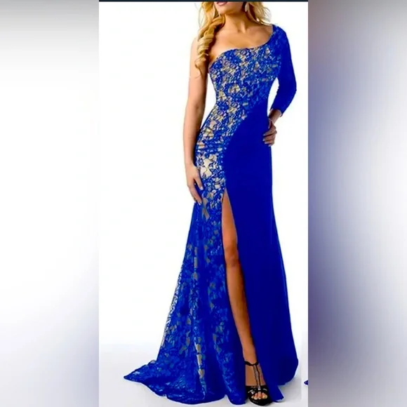 HOST PICK❣️New Blue Mesh Overlay One Shoulder Evening Dress Gown Sz XXL 14/16 - Picture 4 of 8